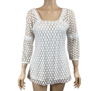 Solitaire White Lace Crochet Blouse Top Size Medium Honeycomb Eyelet‎